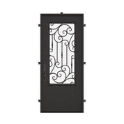 Golden Gate Bronze color flat top single door with decorative scrollwork and glass panel.