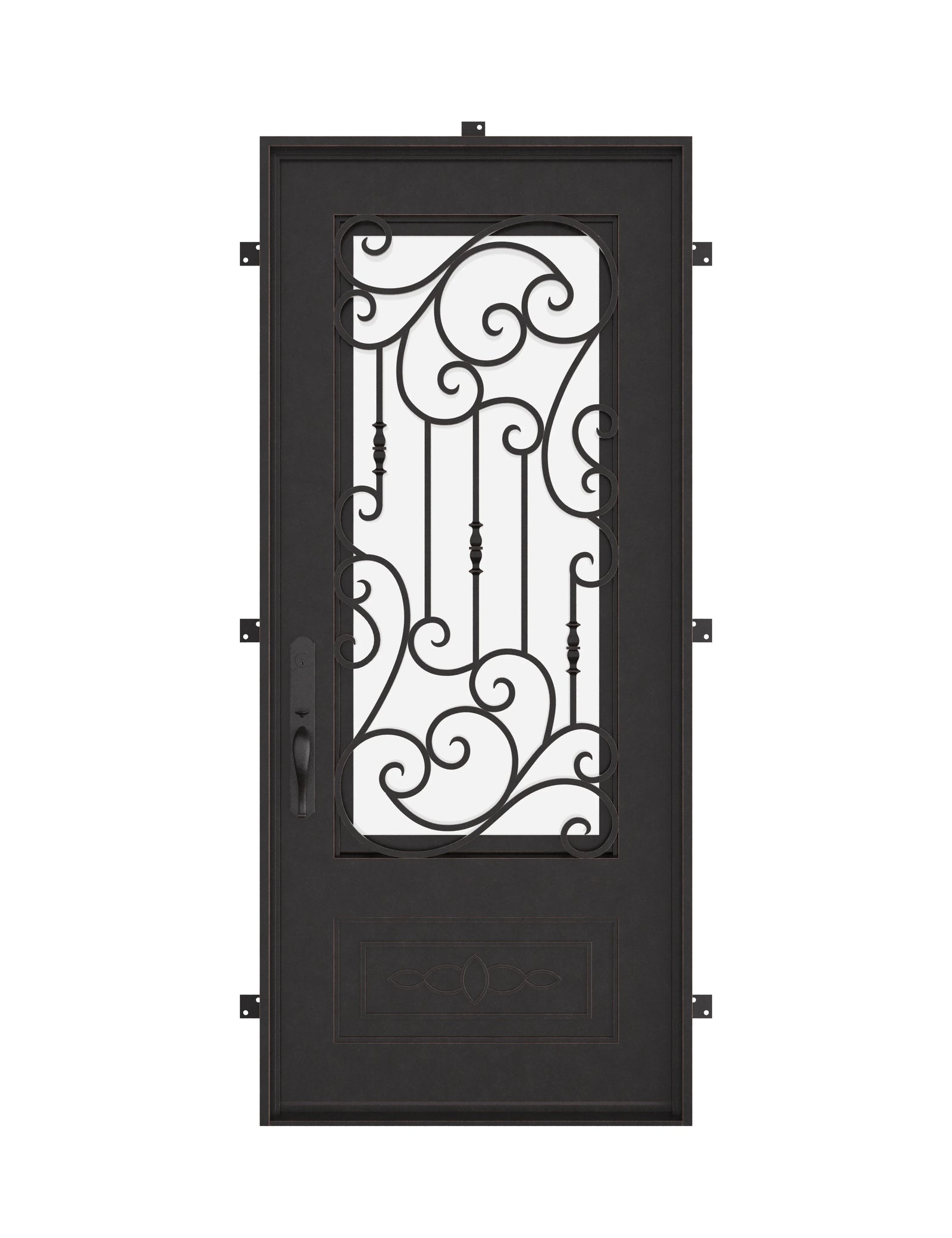 Golden Gate Bronze color flat top single door with decorative scrollwork and glass panel.