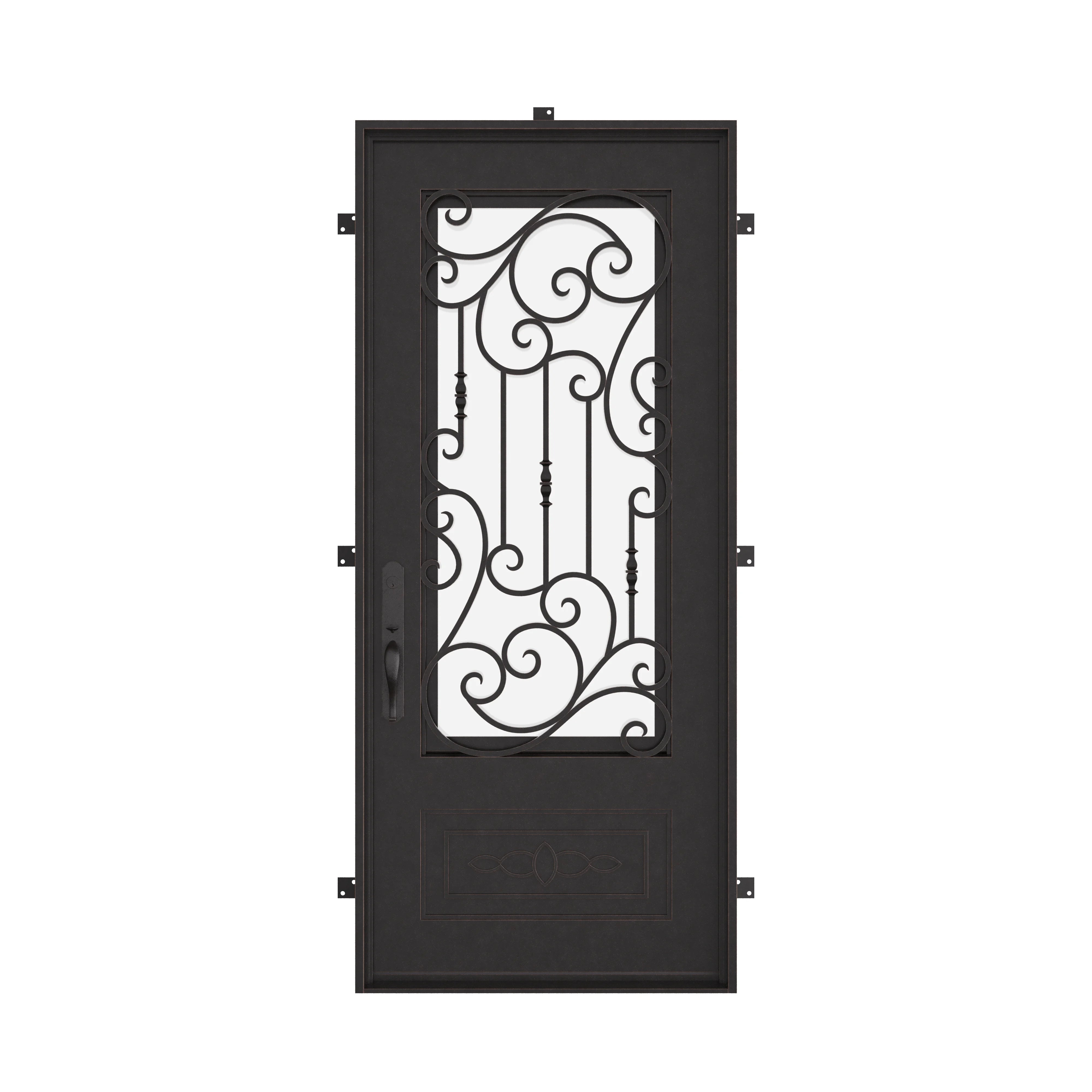 Golden Gate Bronze color flat top single door with decorative scrollwork and glass panel.