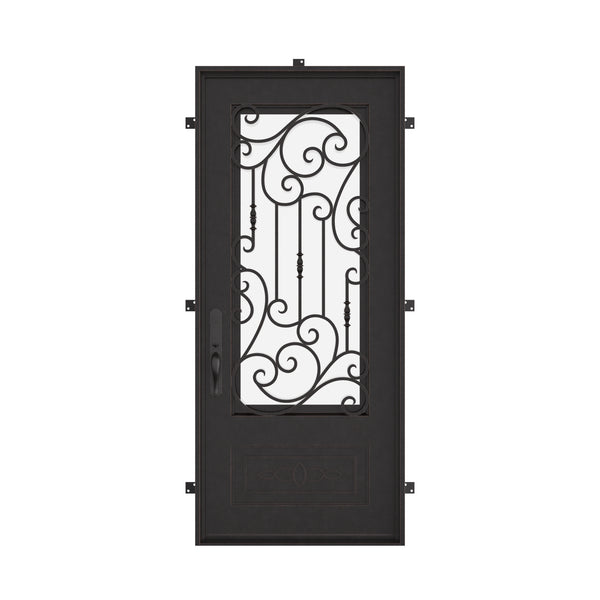 Golden Gate Bronze color flat top single door with decorative scrollwork and glass panel.