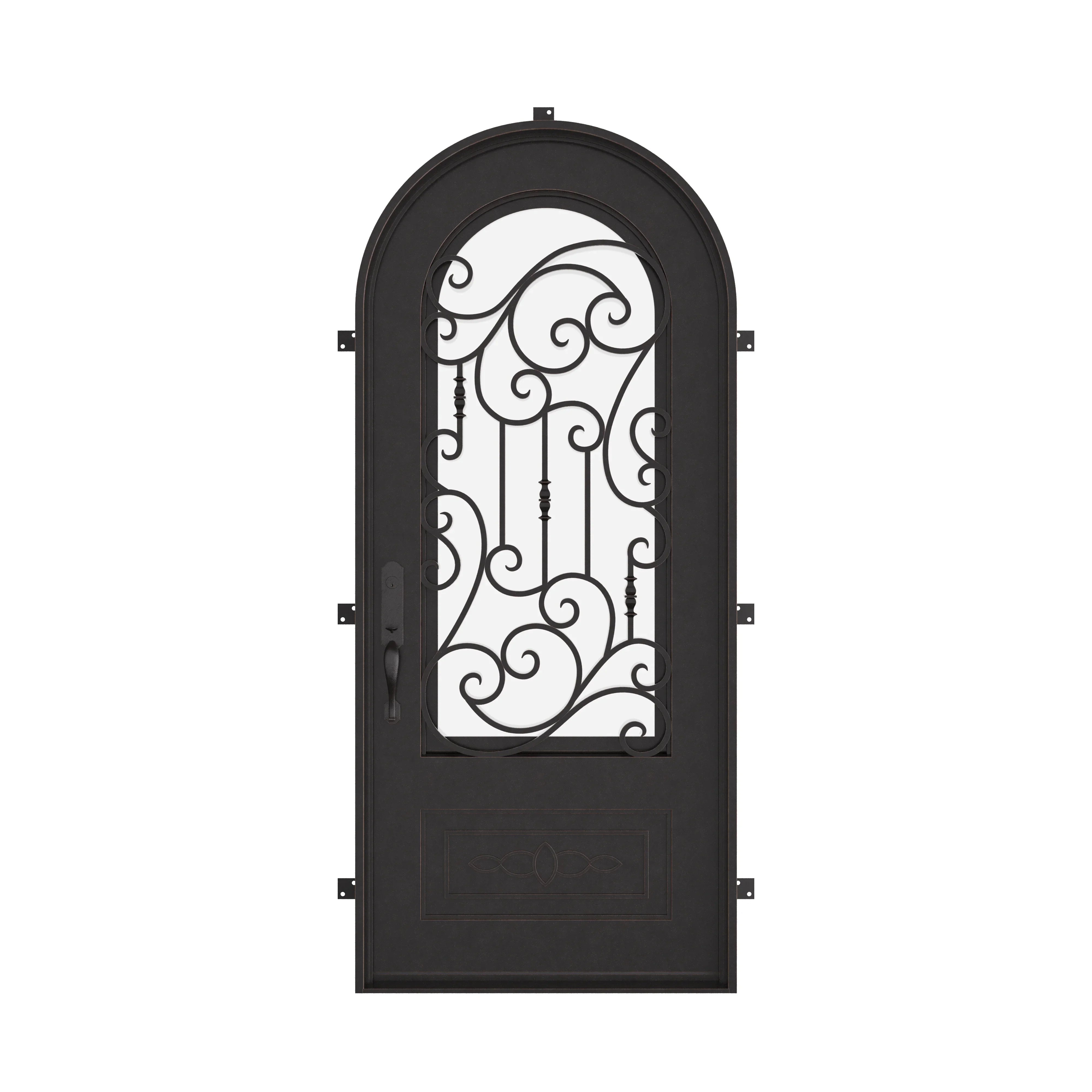 Golden Gate single radius top front door with ornate scrollwork and tempered glass.