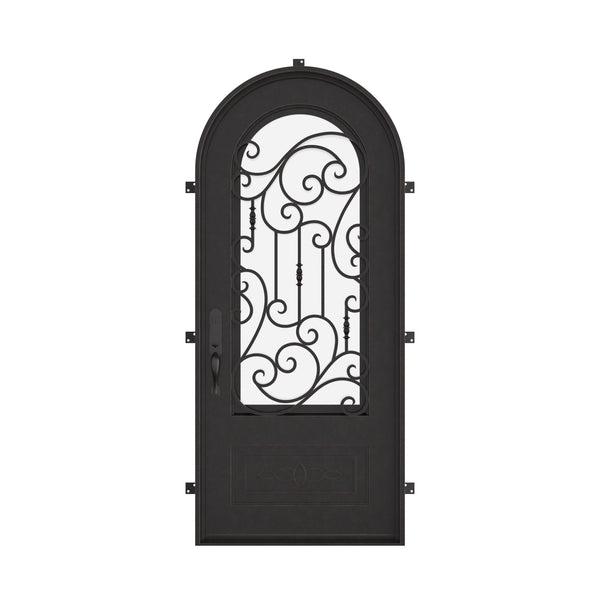 Golden Gate single radius top front door with ornate scrollwork and tempered glass.