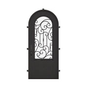 Golden Gate pre-hung black iron single round top door with thick tempered glass.