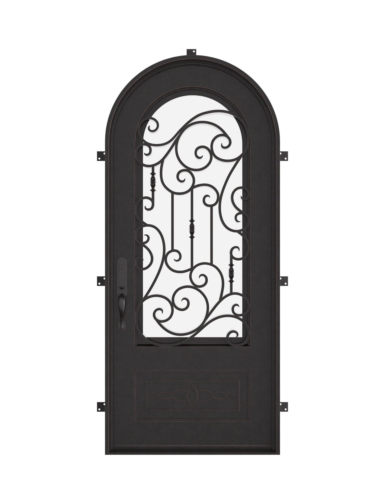 Golden Gate pre-hung black iron single round top door with thick tempered glass.