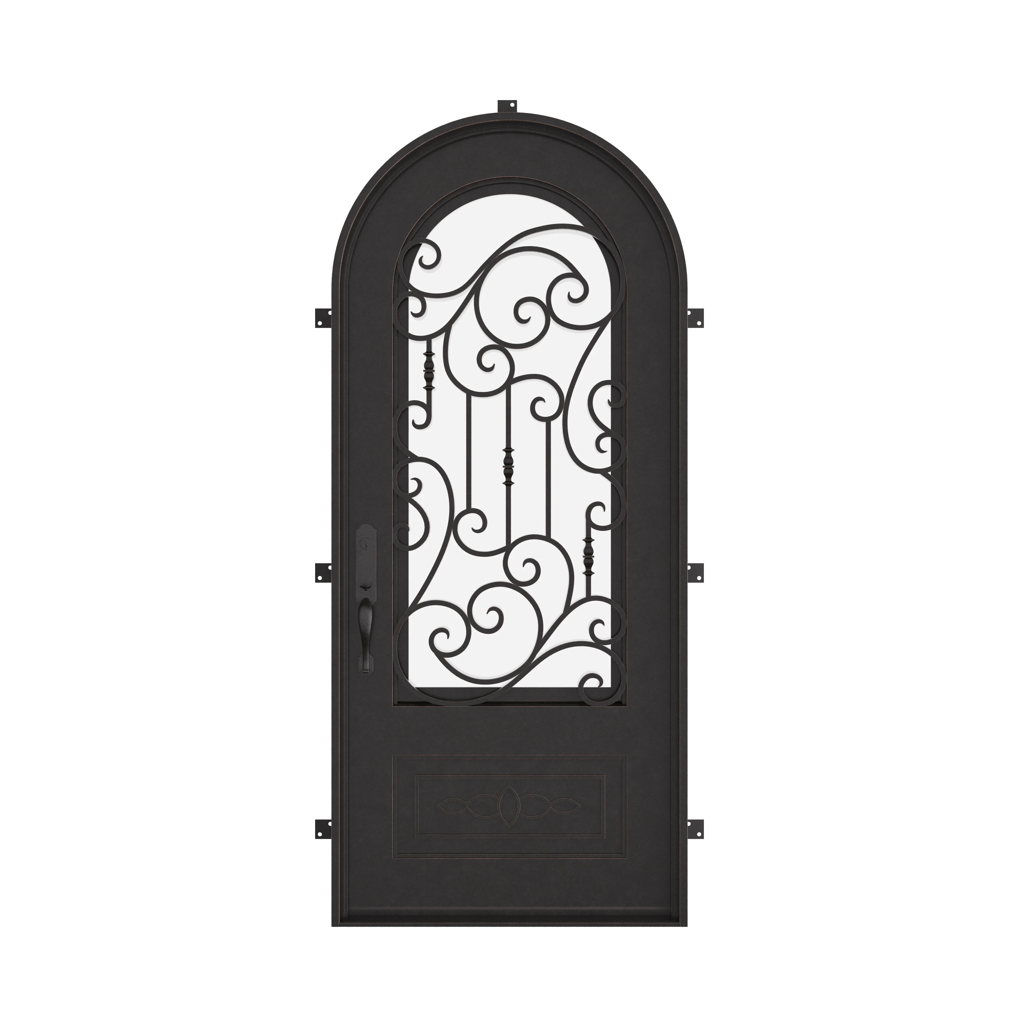 Golden Gate pre-hung black iron single round top door with thick tempered glass.