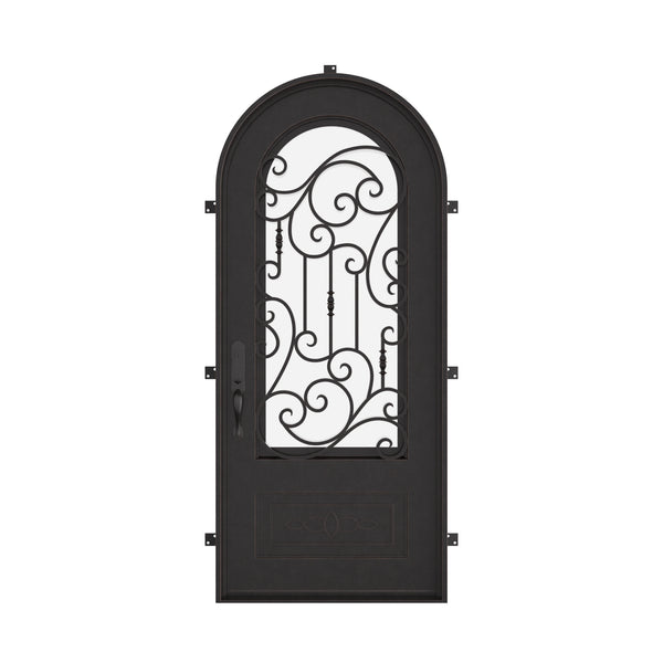 Golden Gate pre-hung black iron single round top door with thick tempered glass.