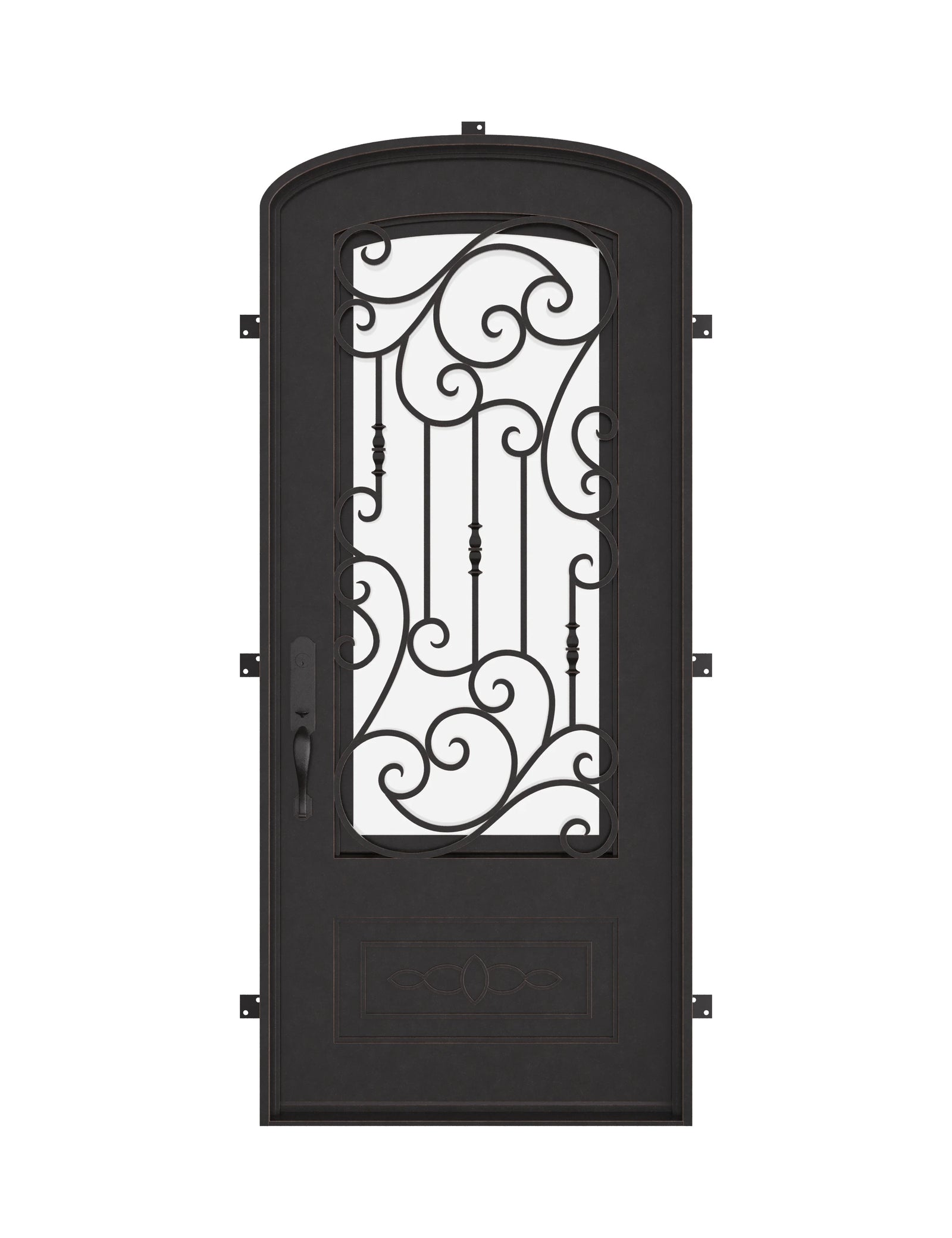 Golden Gate bronze color exterior metal mini arch top single door with thick glass.