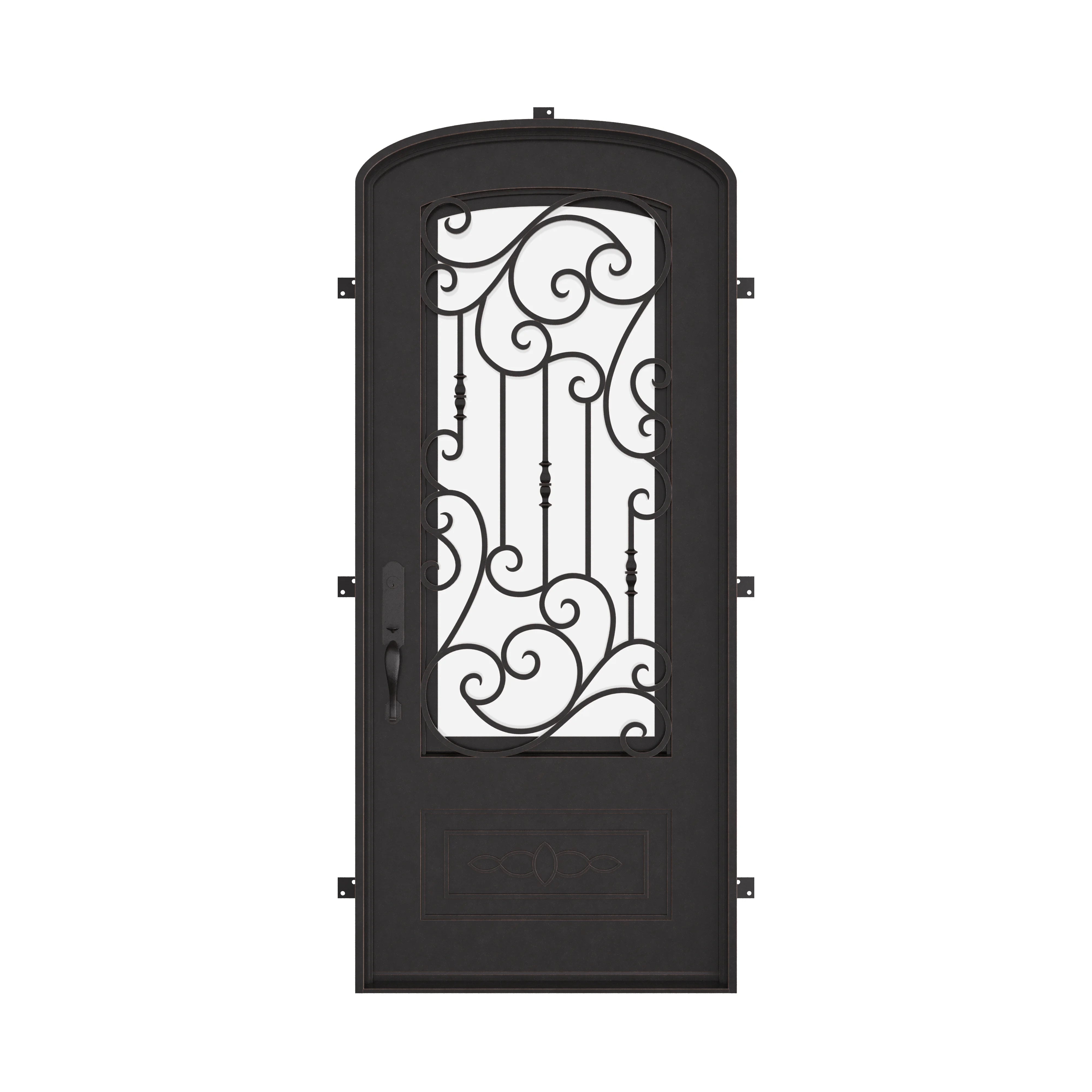 Golden Gate bronze color exterior metal mini arch top single door with thick glass.