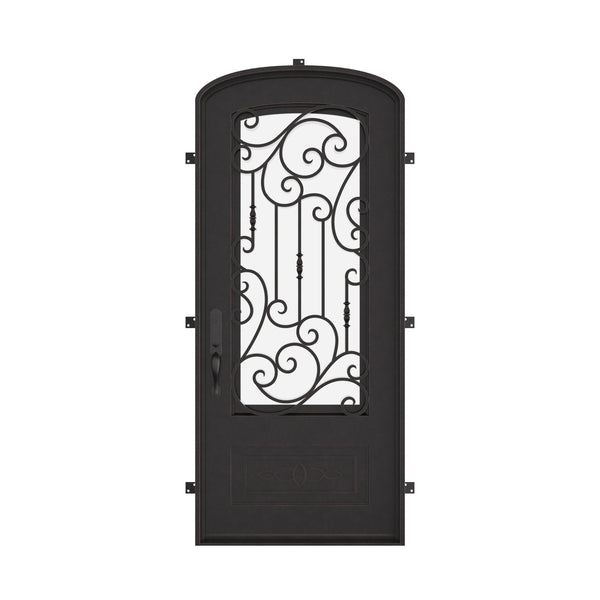 Golden Gate bronze color exterior metal mini arch top single door with thick glass.