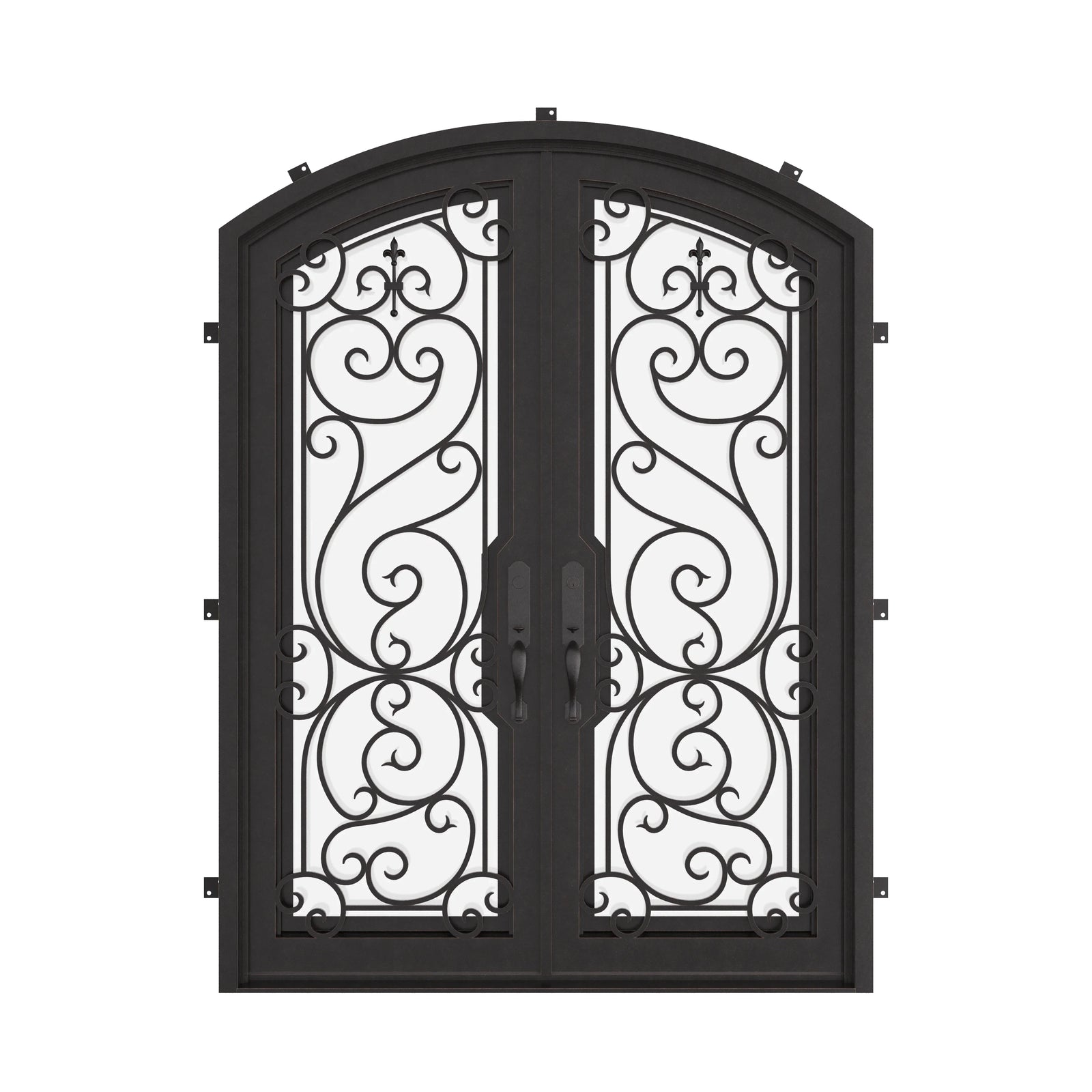 Hills bronze colored double door with arch design and clear glass.