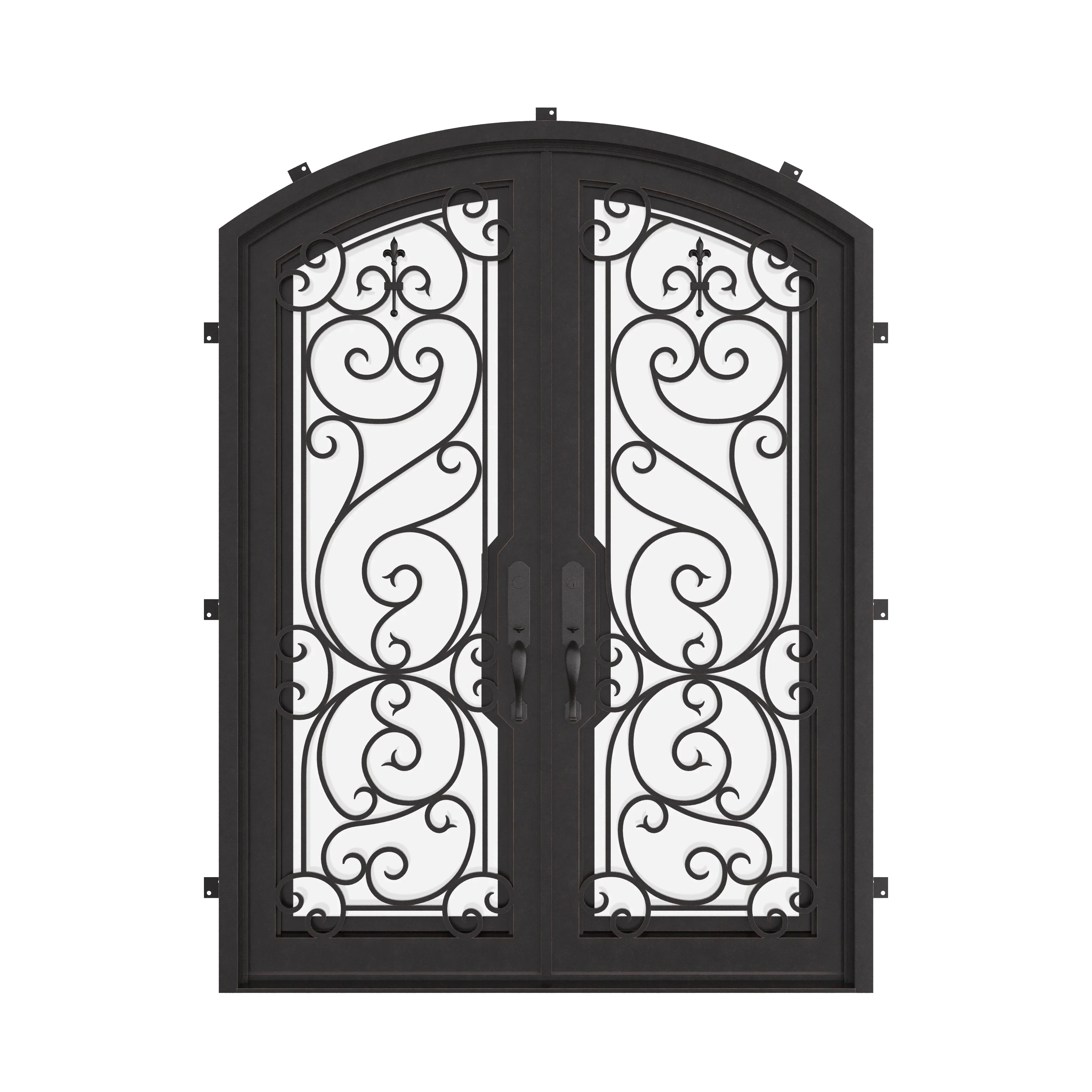 Hills bronze colored double door with arch design and clear glass.