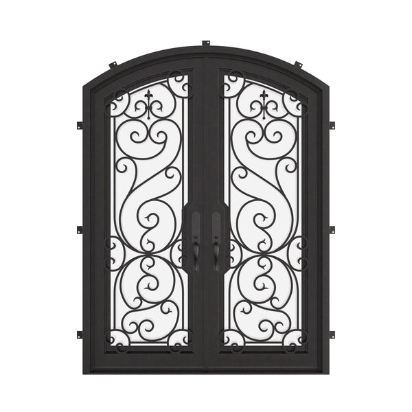 Hills bronze colored double door with arch design and clear glass.