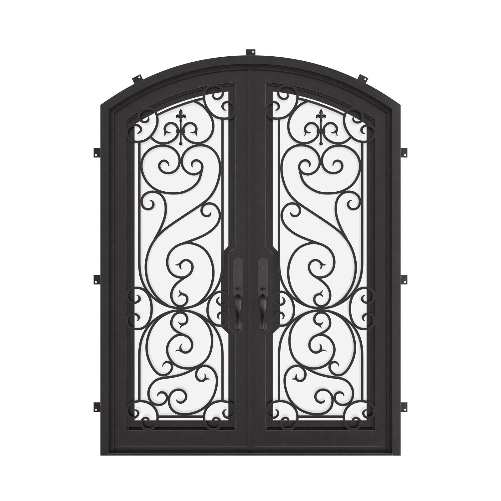 Hills arched top iron entry door with glass windows in bronze shade.
