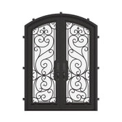 Hills arched top iron entry door with glass windows in bronze shade.