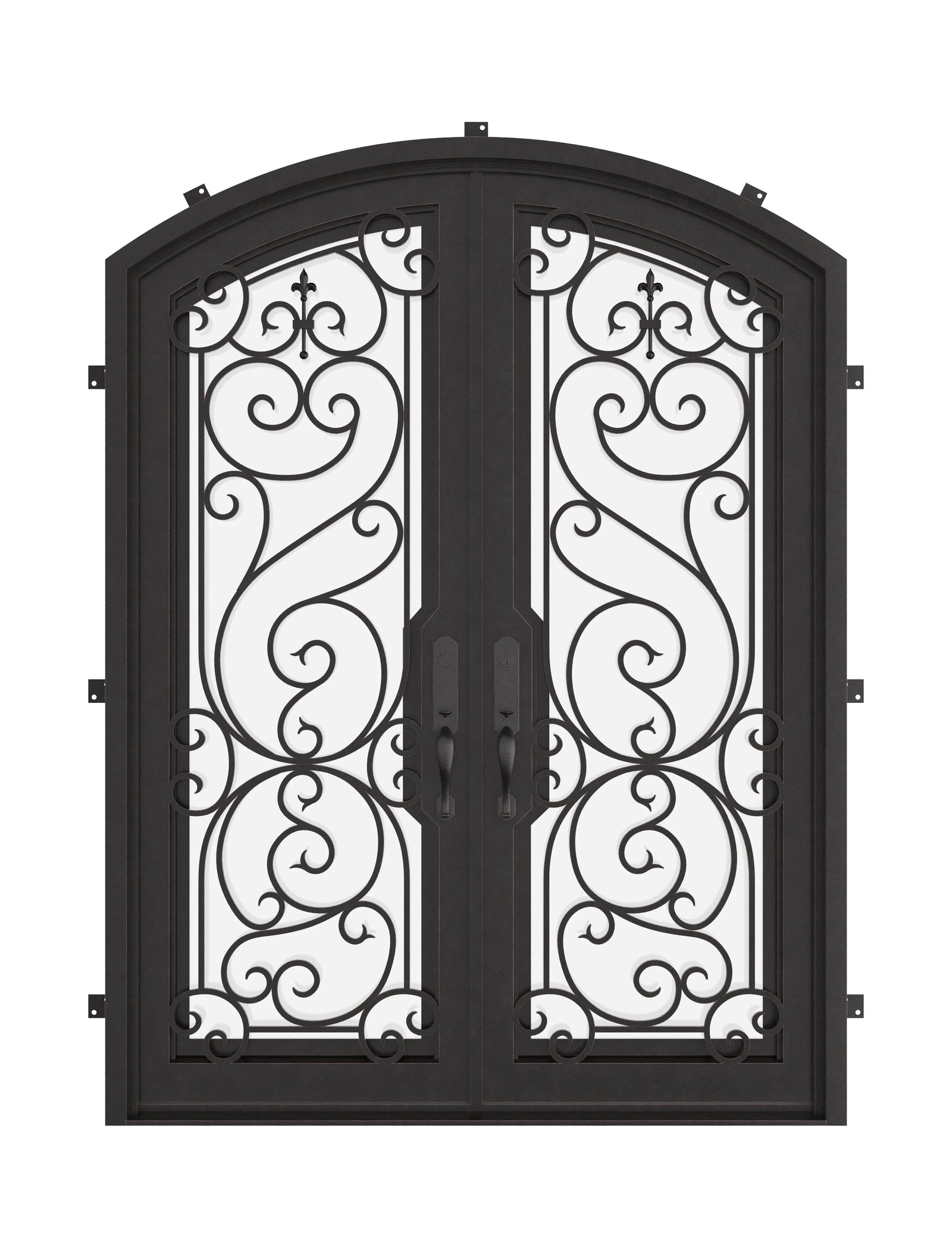 Hills arched top iron entry door with glass windows in bronze shade.