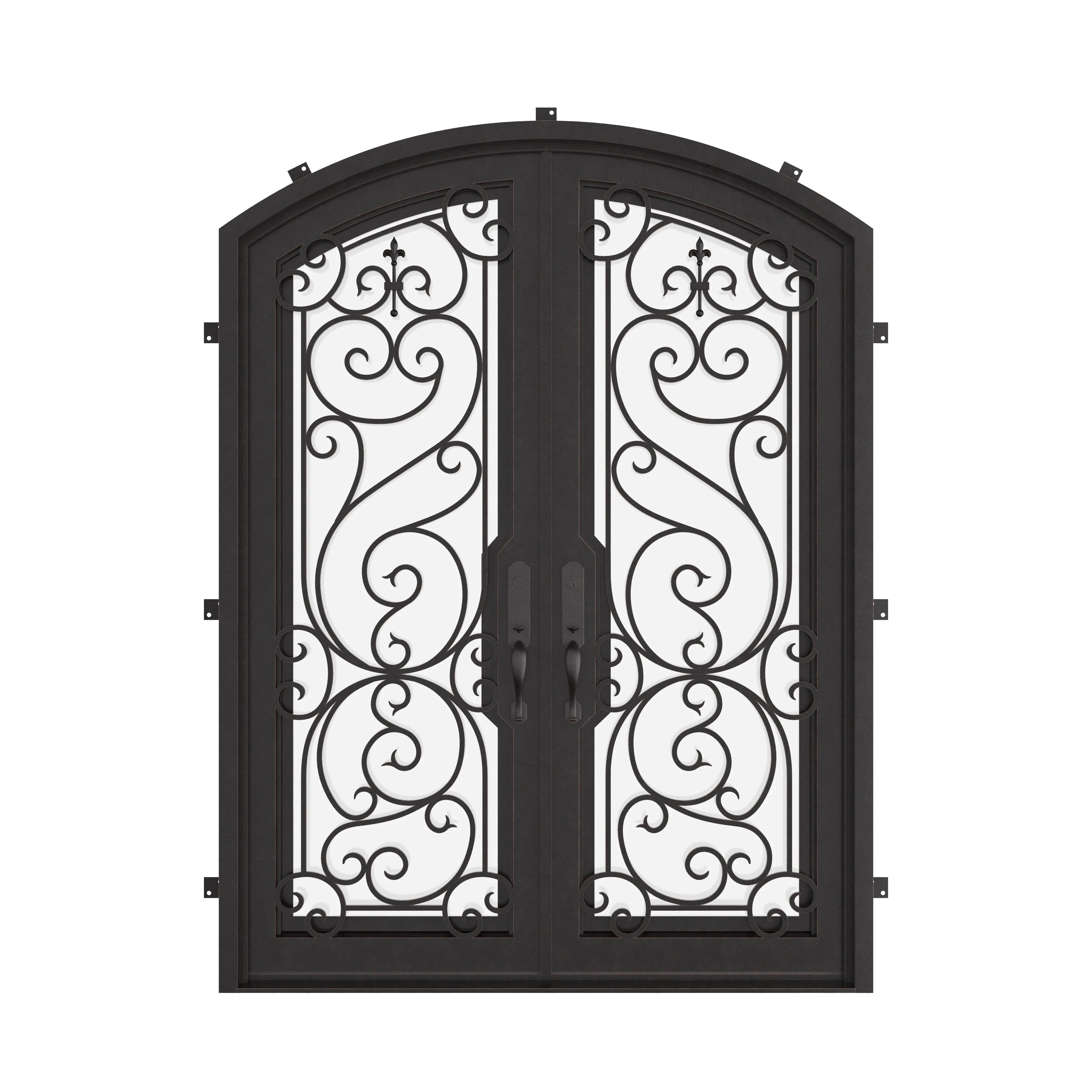 Hills arched top iron entry door with glass windows in bronze shade.