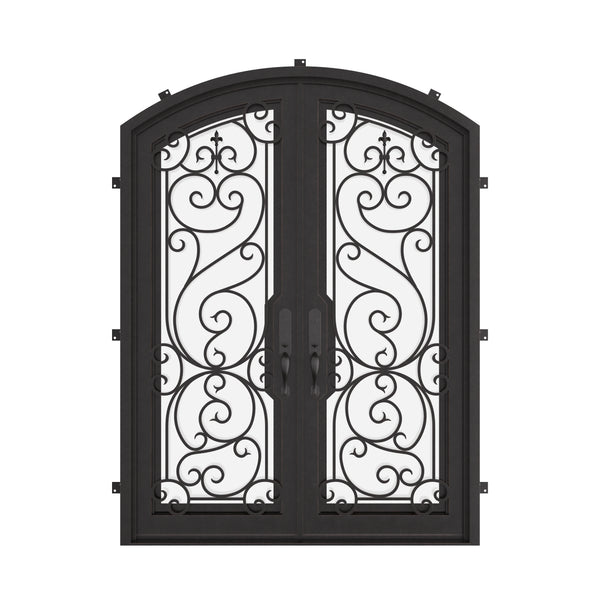 Hills arched top iron entry door with glass windows in bronze shade.