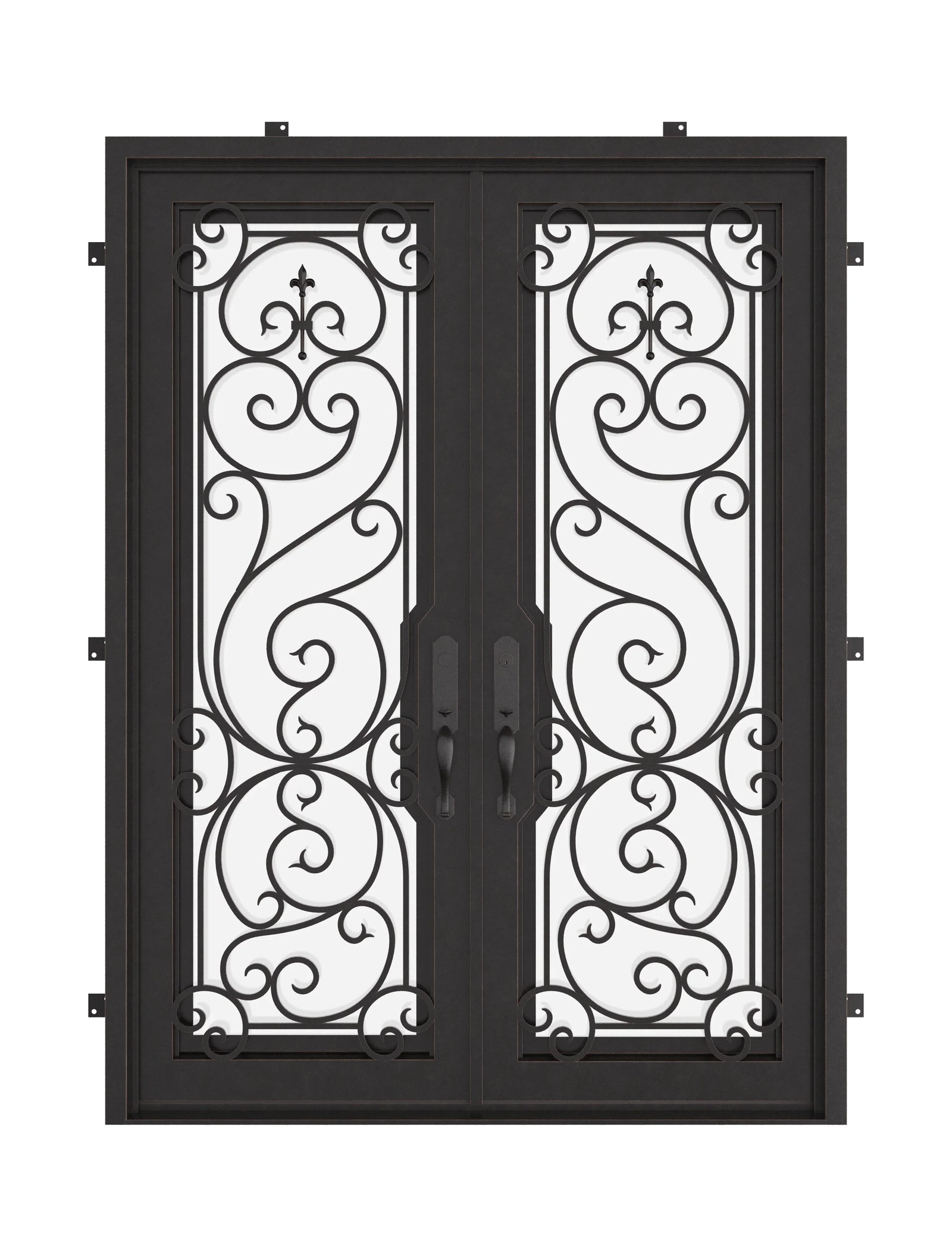 Hills black wrought iron double square top entry door.