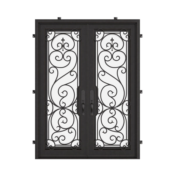 Hills black wrought iron double square top entry door.