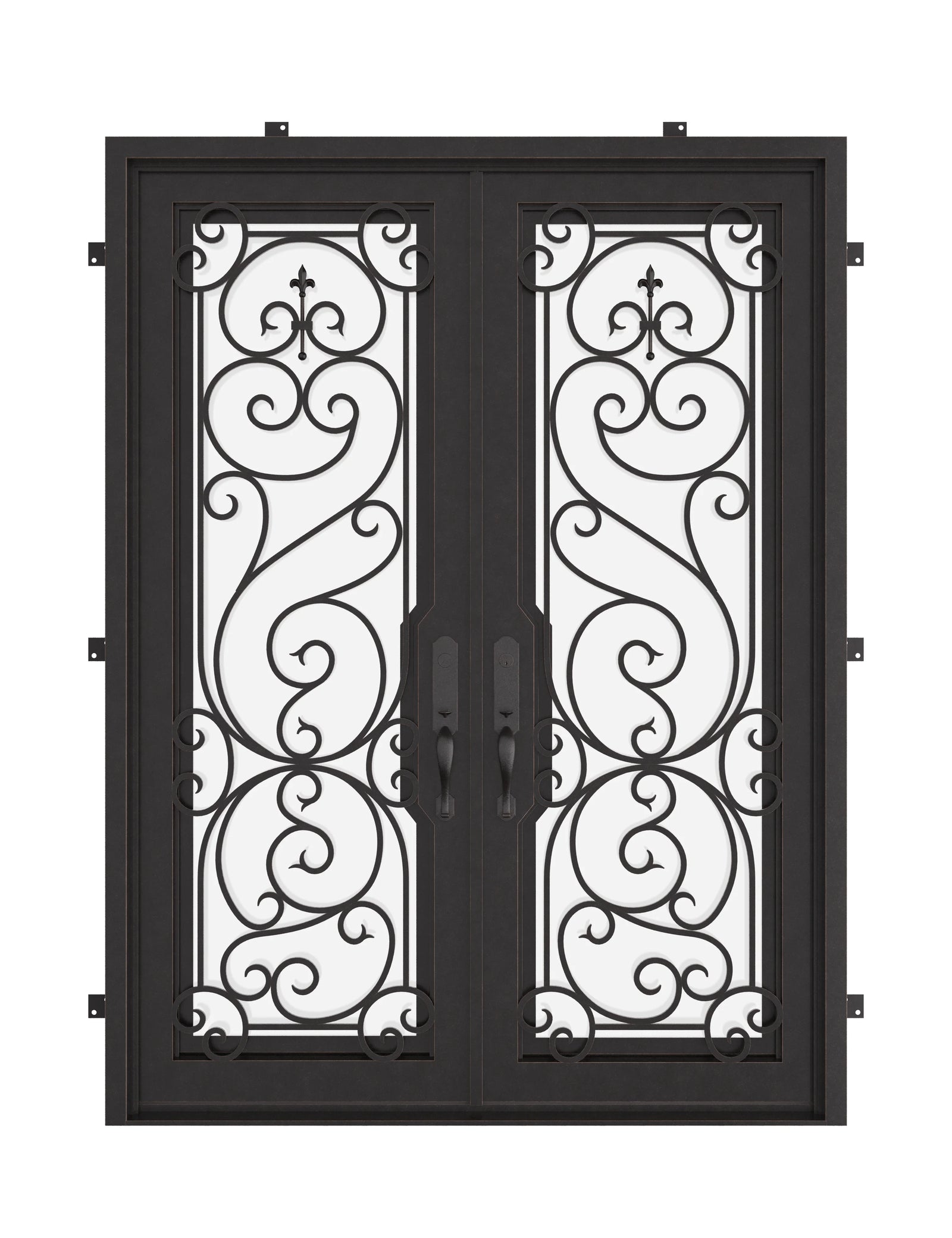 Hills black exterior wrought iron double flat entry door with glass.