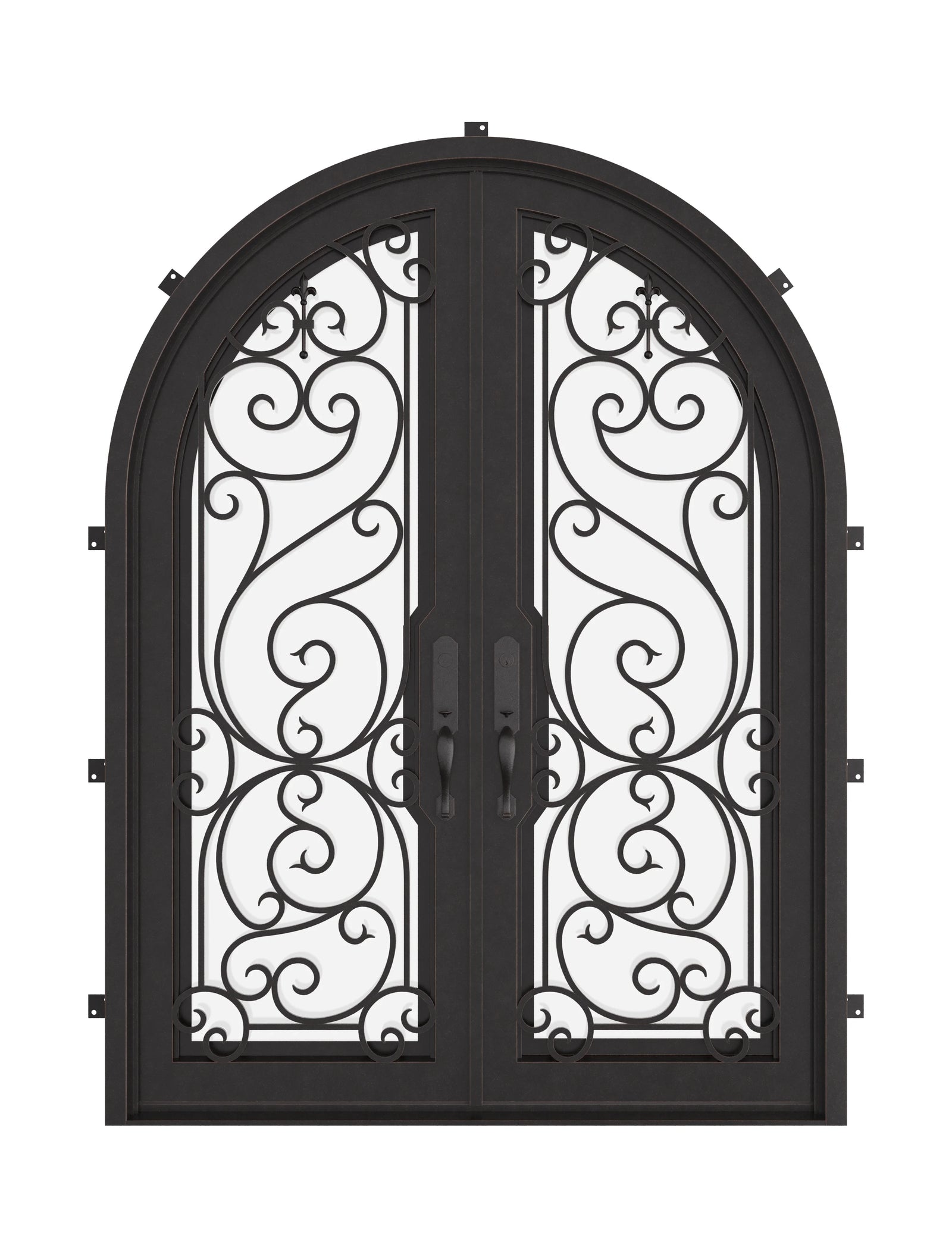 Hills double full arch top front door with energy efficient double-pane glass.