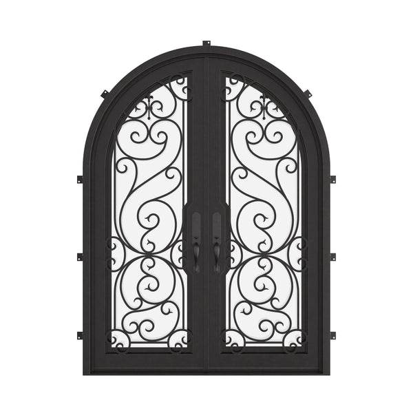 Hills double full arch top front door with energy efficient double-pane glass.