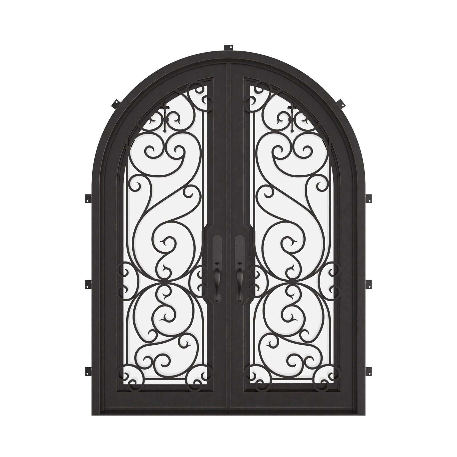 Hills double full arch top hinged door with thick double-pane glass in black.
