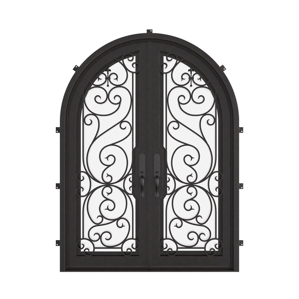 Hills double full arch top hinged door with thick double-pane glass in black.
