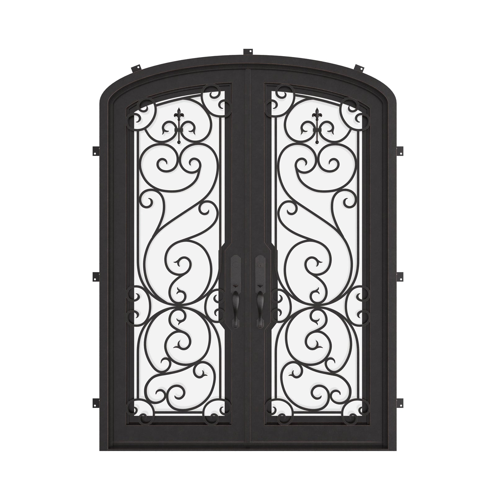 Hills arch design iron entry door in bronze tone with clear glass.