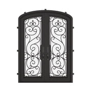 Hills arch design iron entry door in bronze tone with clear glass.