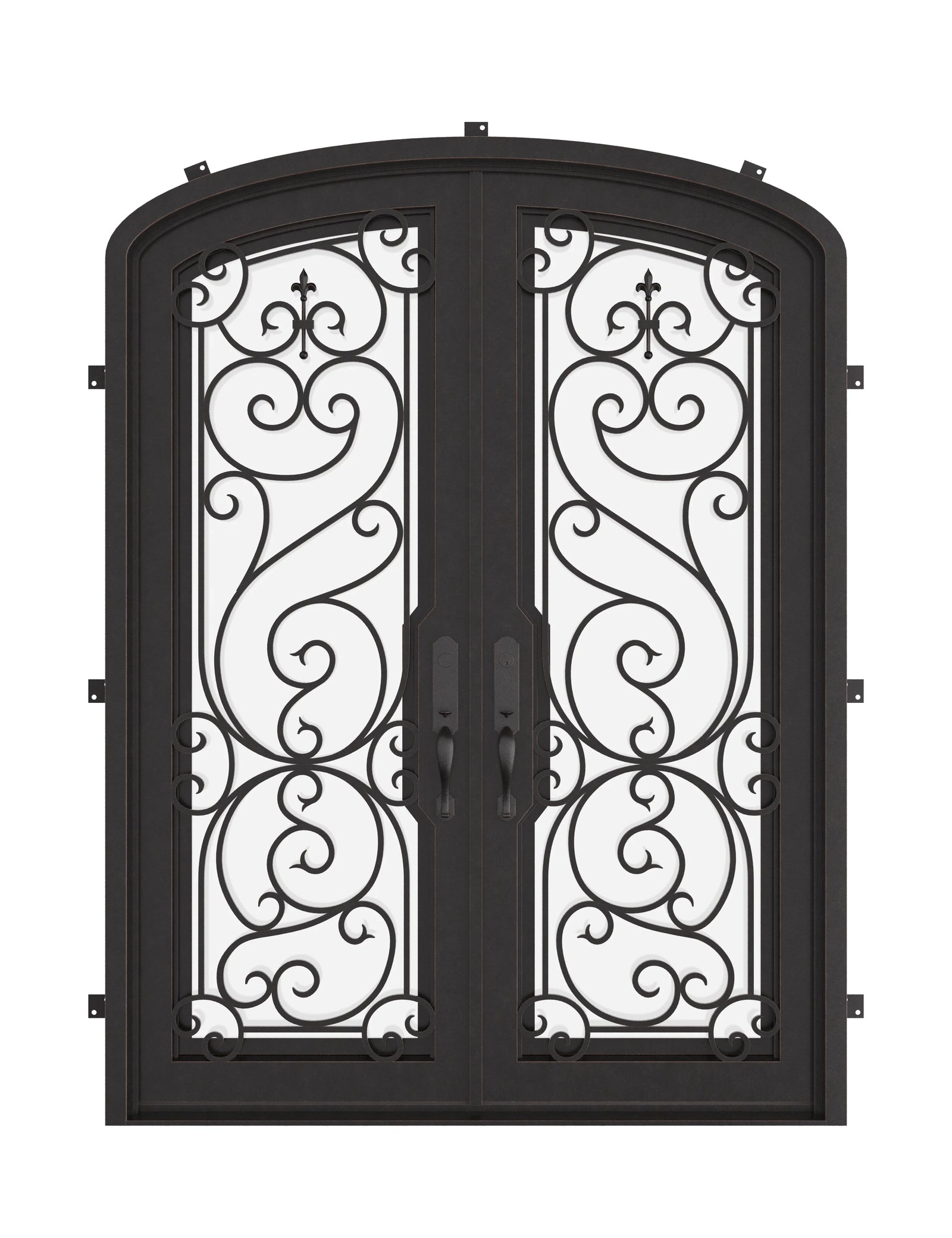Hills arch design iron entry door in bronze tone with clear glass.