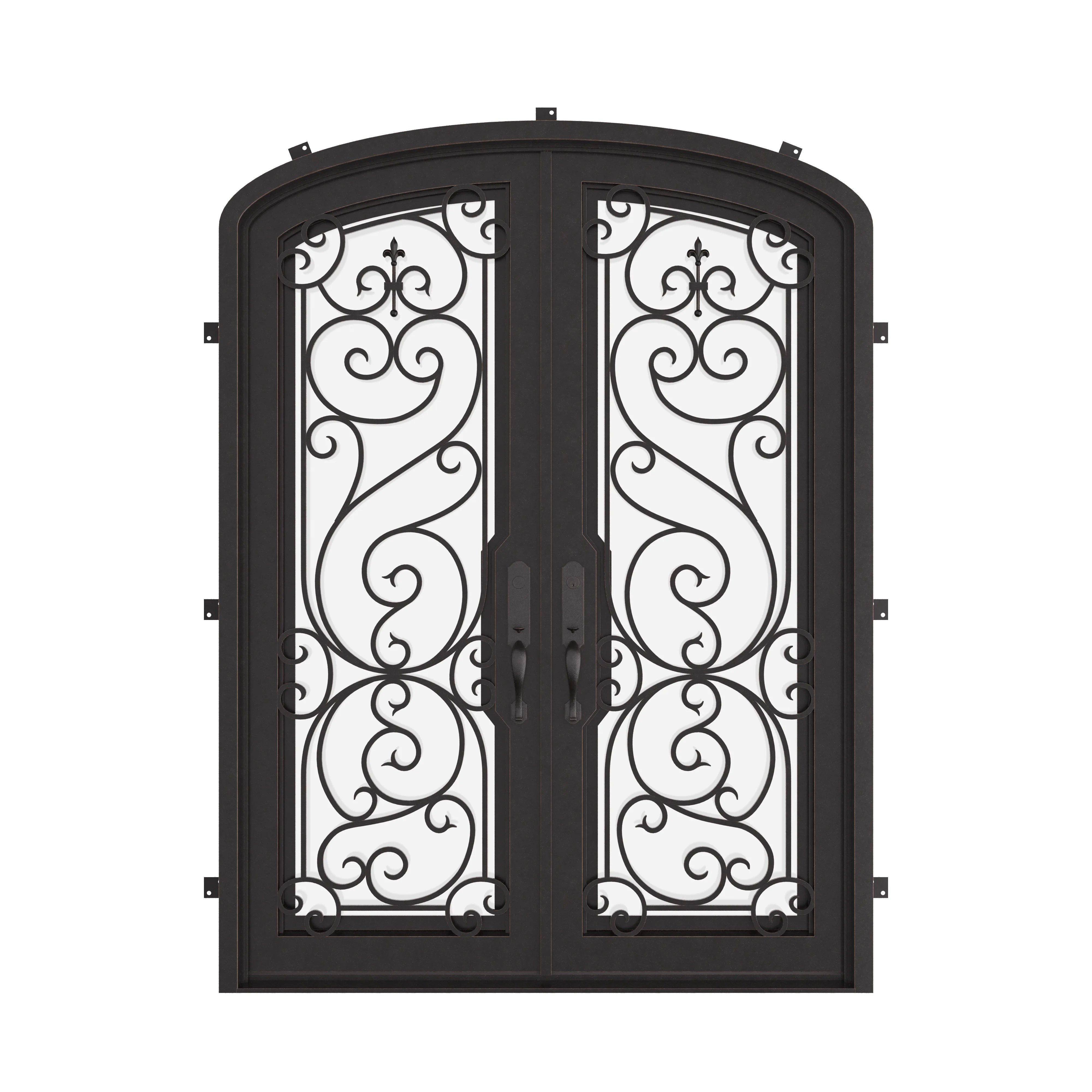 Hills arch design iron entry door in bronze tone with clear glass.