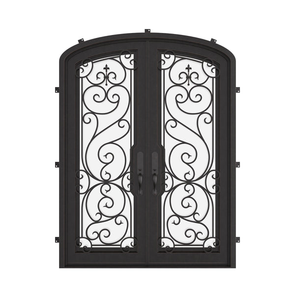 Hills arch design iron entry door in bronze tone with clear glass.