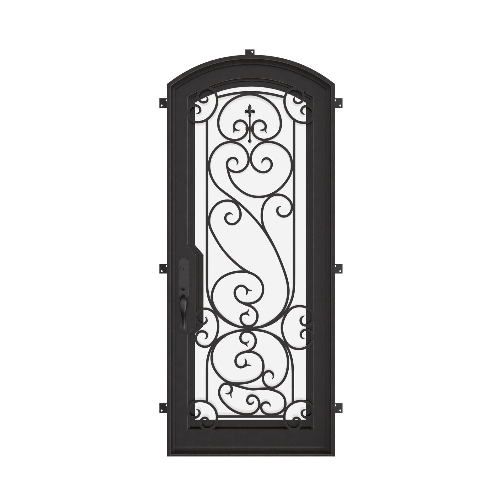Hills pre-hung bronze color iron single arch top door with ornate scrollwork.
