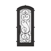 Hills pre-hung bronze color iron single arch top door with ornate scrollwork.