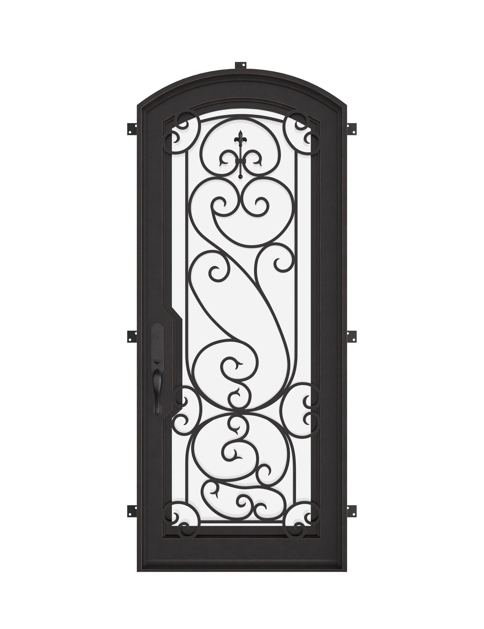 Hills pre-hung bronze color iron single arch top door with ornate scrollwork.