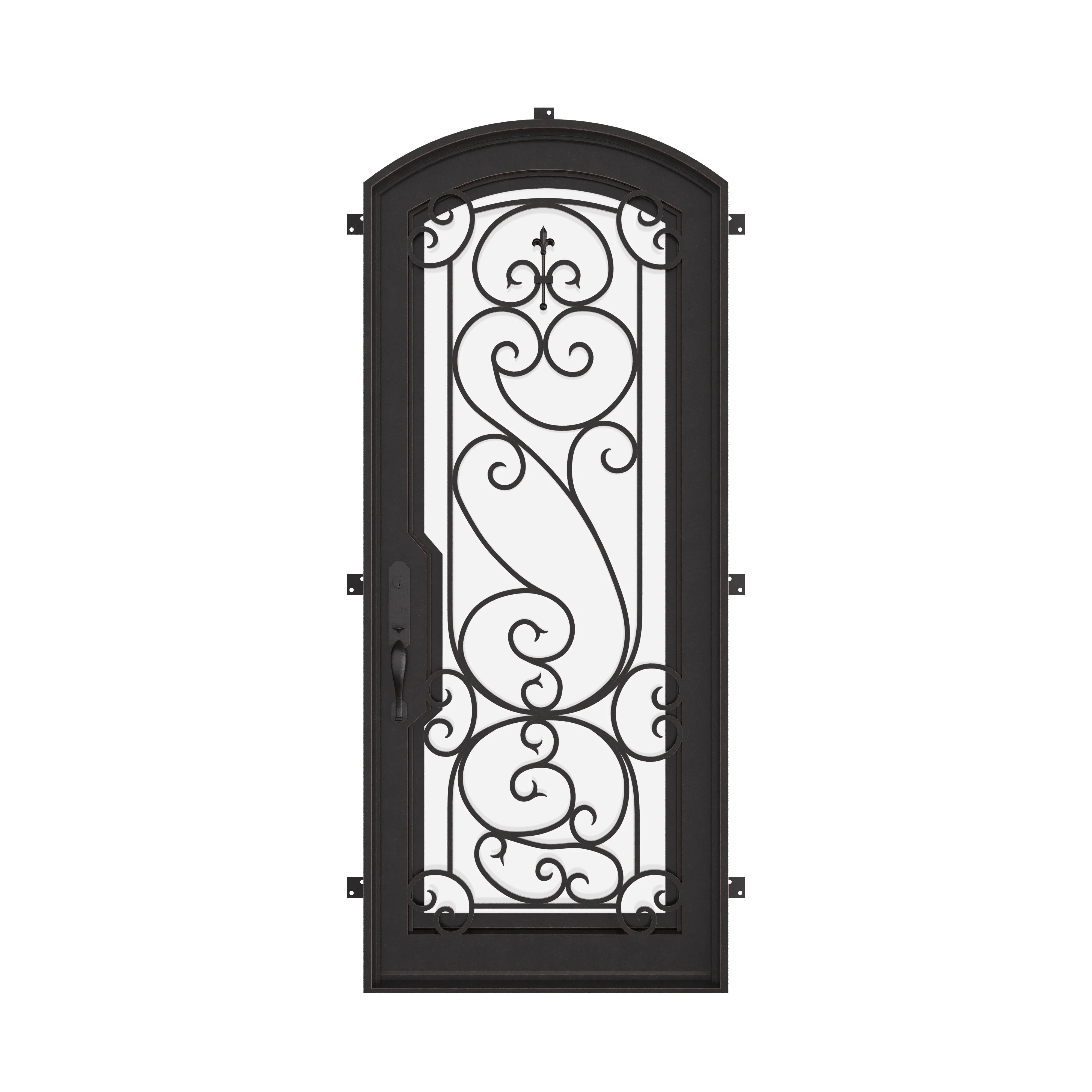 Hills pre-hung bronze color iron single arch top door with ornate scrollwork.