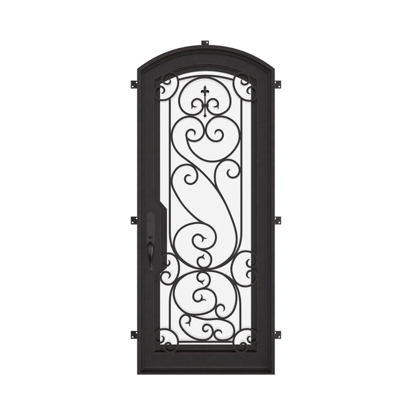 Hills pre-hung bronze color iron single arch top door with ornate scrollwork.