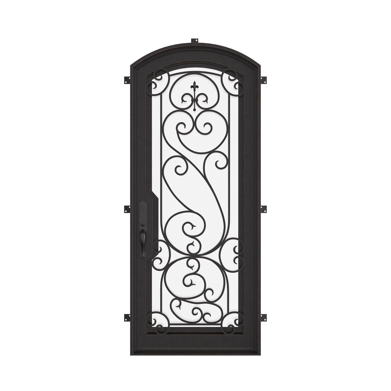 Hills black exterior iron single arch top door with dual-pane tempered glass.