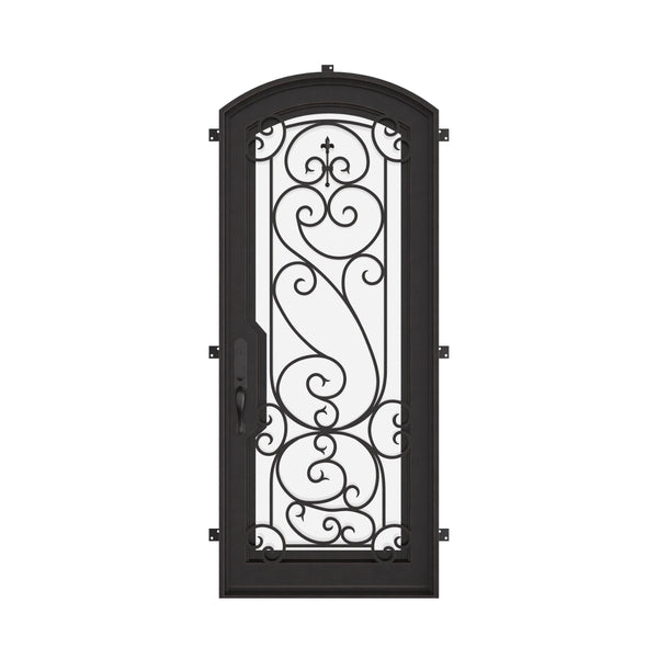 Hills black exterior iron single arch top door with dual-pane tempered glass.