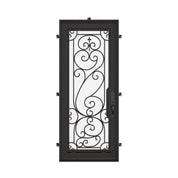 Hills Single flat top door with glass insert and ornate scrollwork in black color.