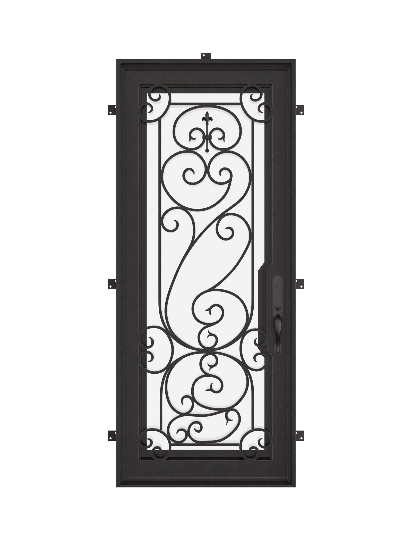 Hills Bronze color iron single flat top door with thick glass panel.