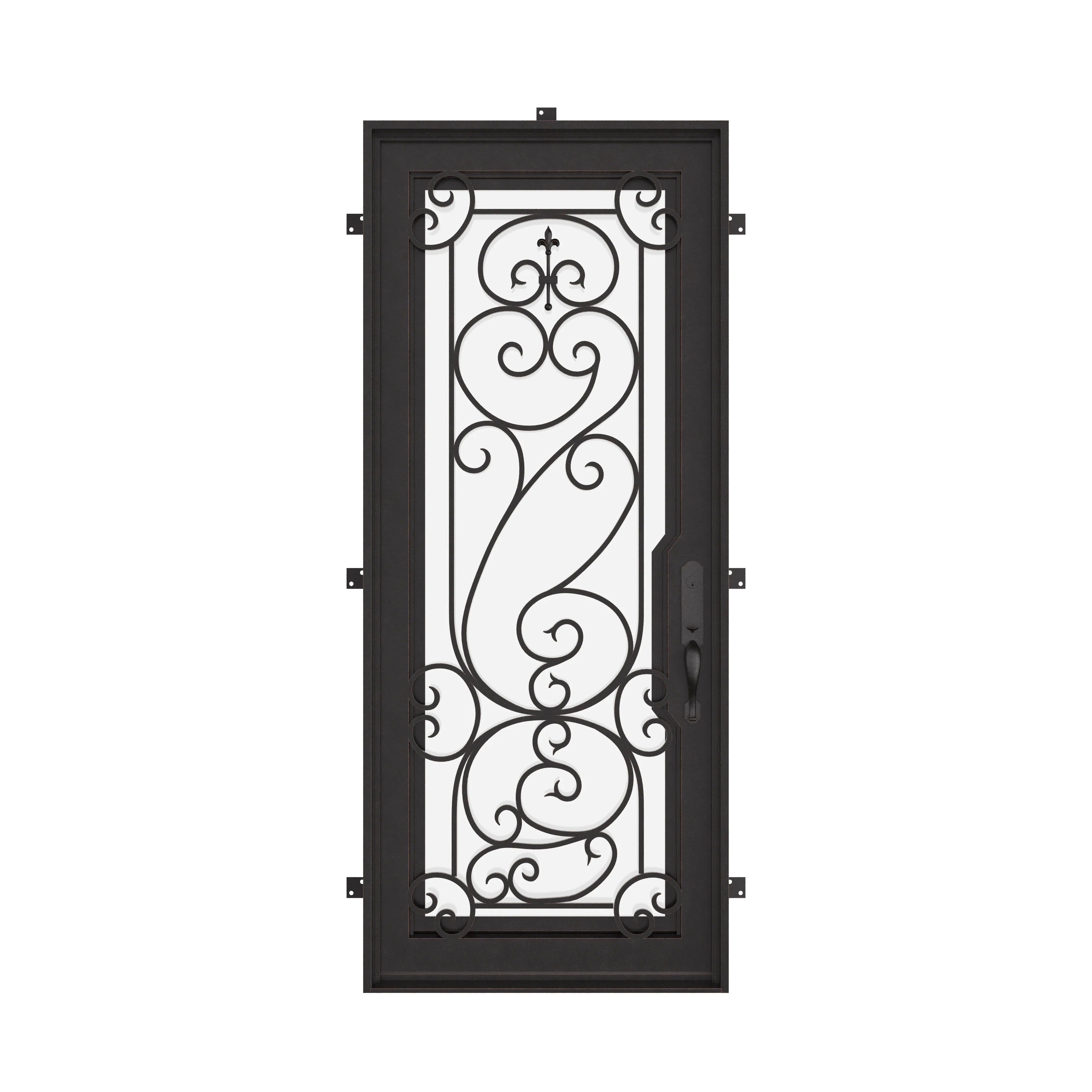 Hills Bronze color iron single flat top door with thick glass panel.