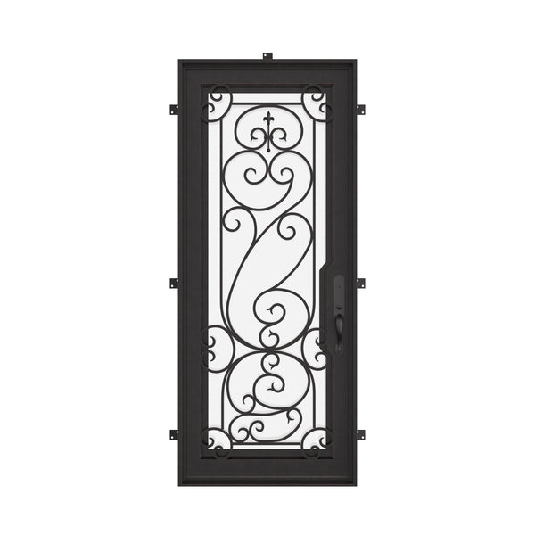 Hills Bronze color iron single flat top door with thick glass panel.