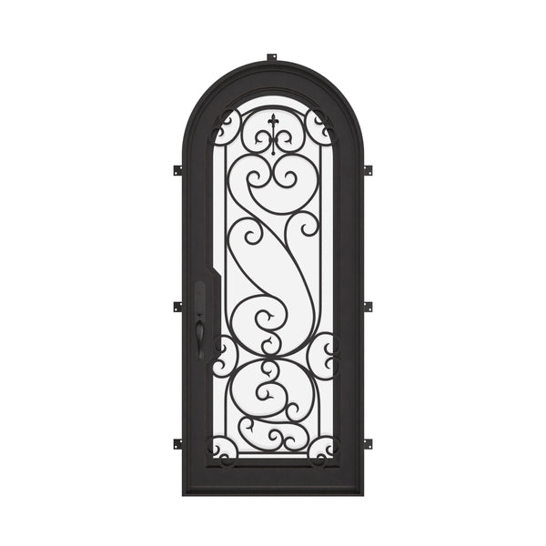 Hills single radius top door with ornate scrollwork and energy efficient glass.
