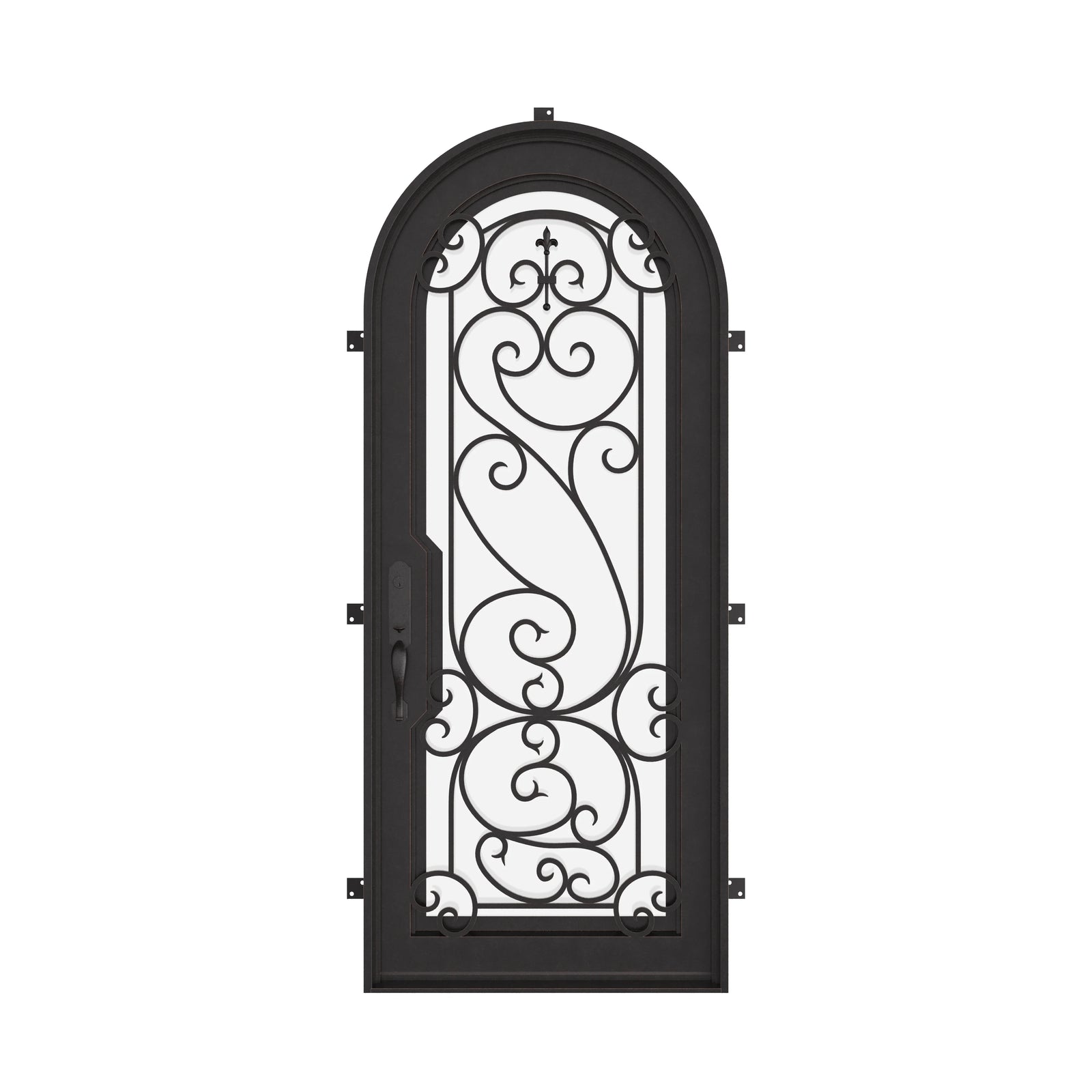 Hills bronze color architectural iron single full arch door with dual-pane glass.