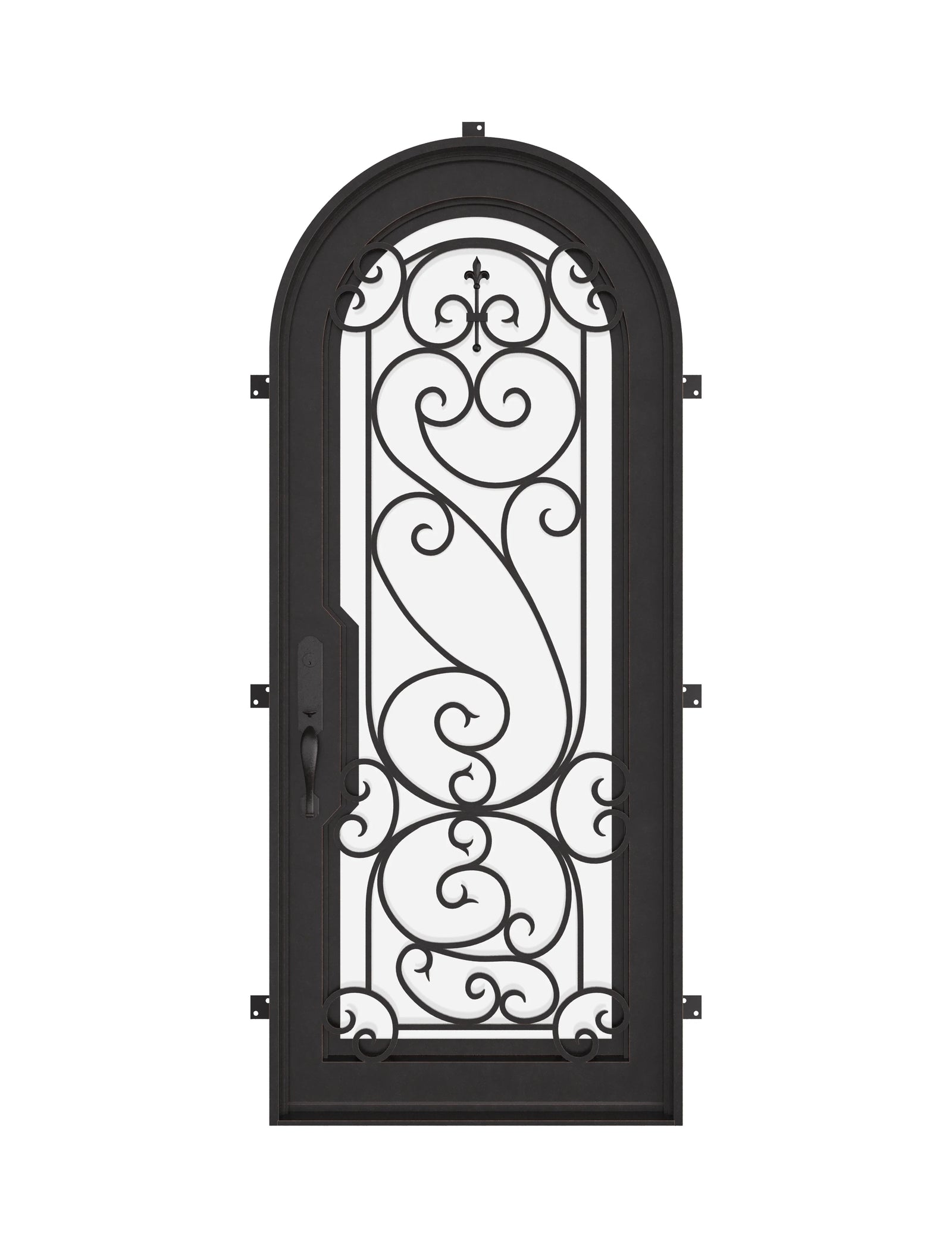 Hills bronze color architectural iron single full arch door with dual-pane glass.