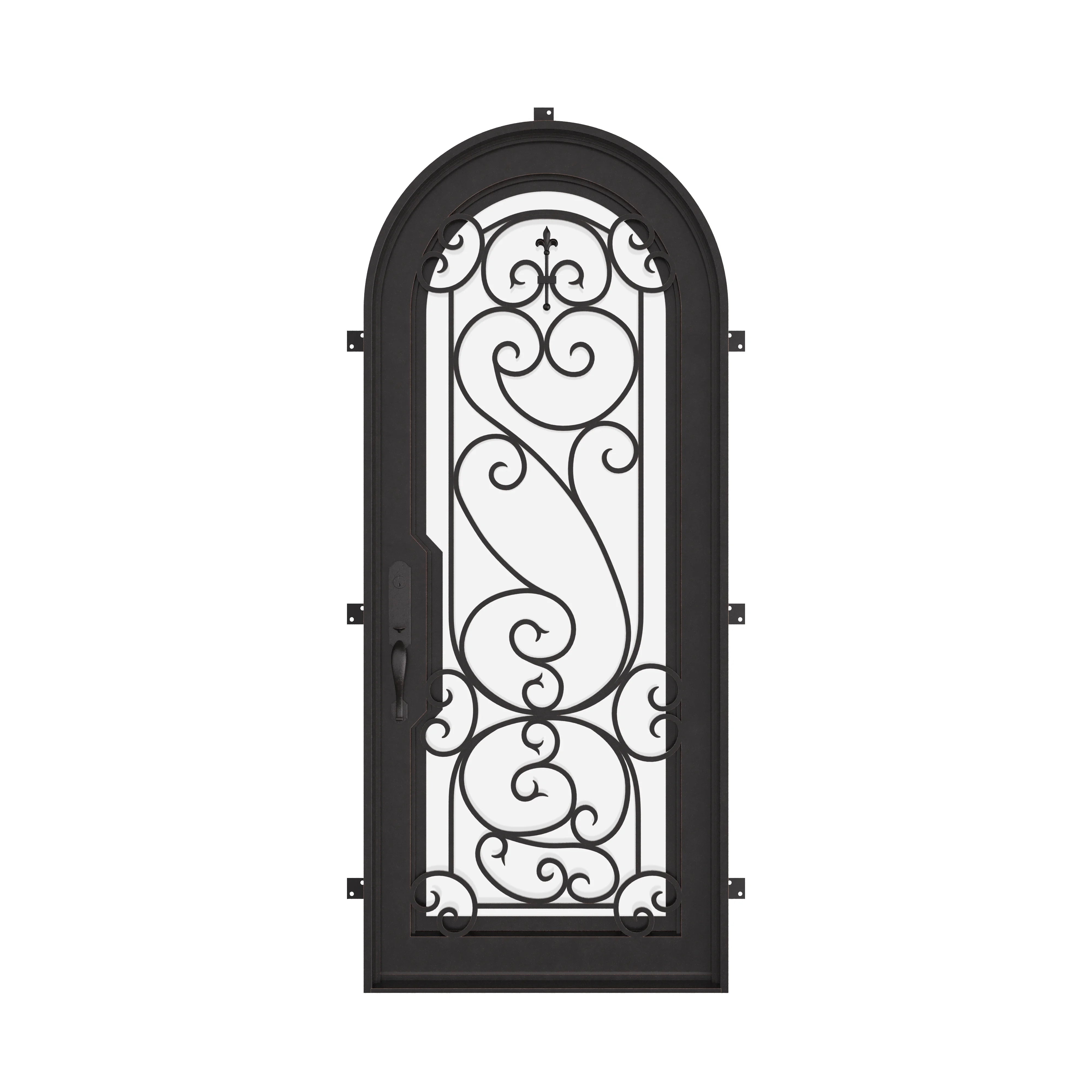 Hills bronze color architectural iron single full arch door with dual-pane glass.