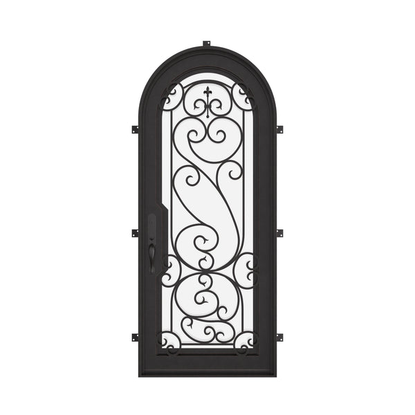 Hills bronze color architectural iron single full arch door with dual-pane glass.