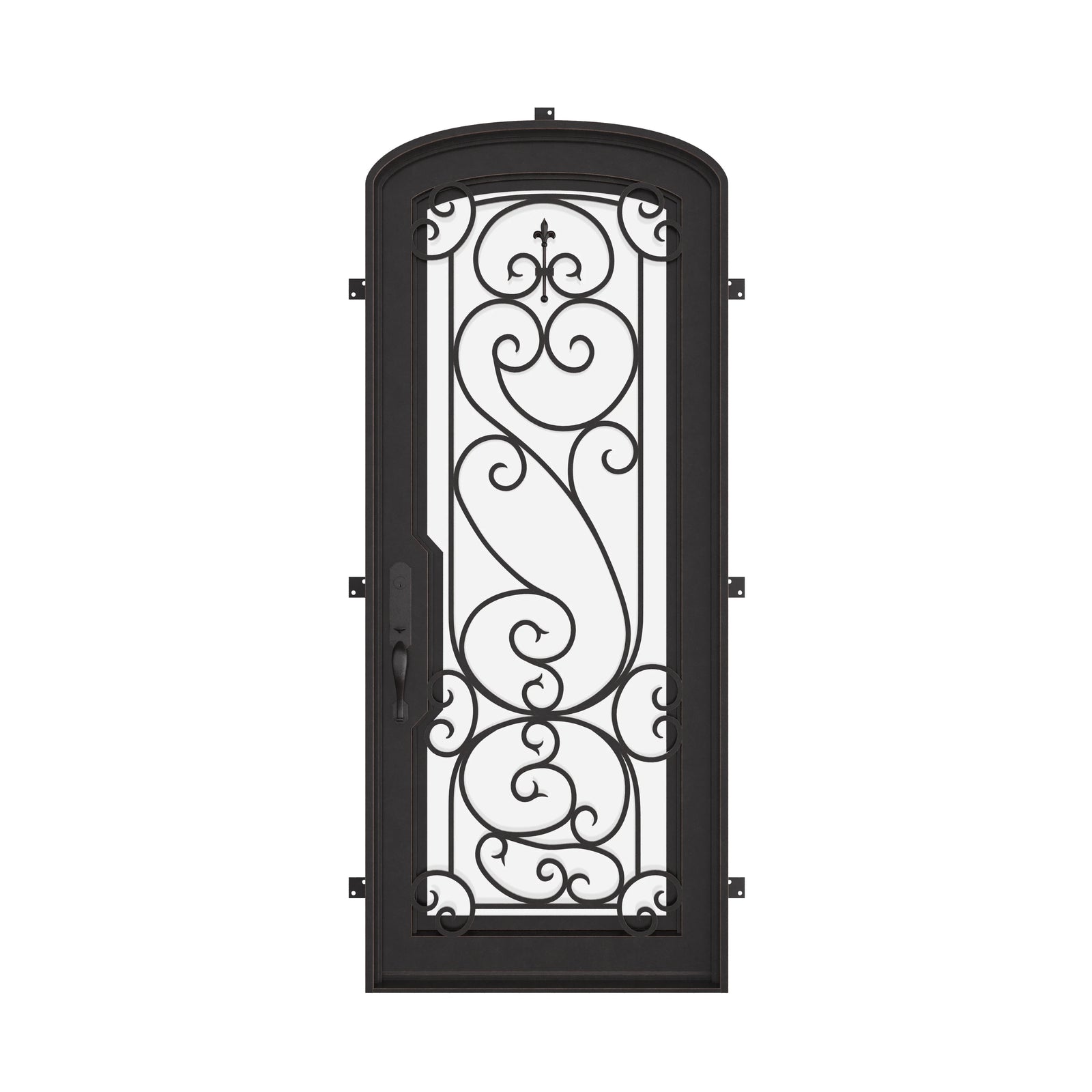 Hills bronze color exterior iron mini arch top single door with dual-pane glass.